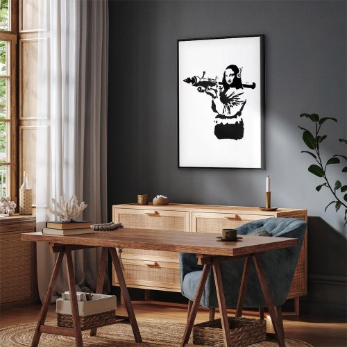 Banksy Mona Lisa med raketkaster - lodret lærredsbillede