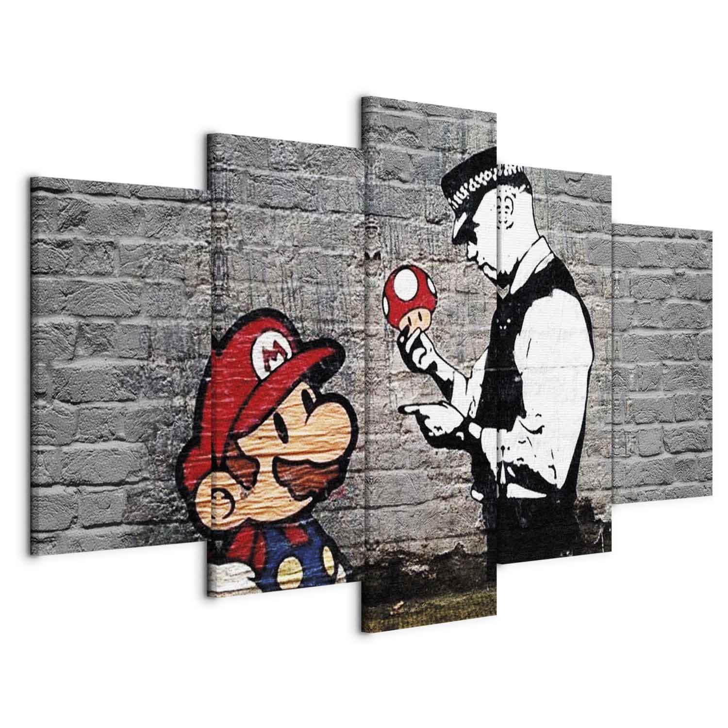 Banksy Super Mario Mushroom Cop lærredsbillede i 5 dele - 200 x 100 cm - Akustisk billede
