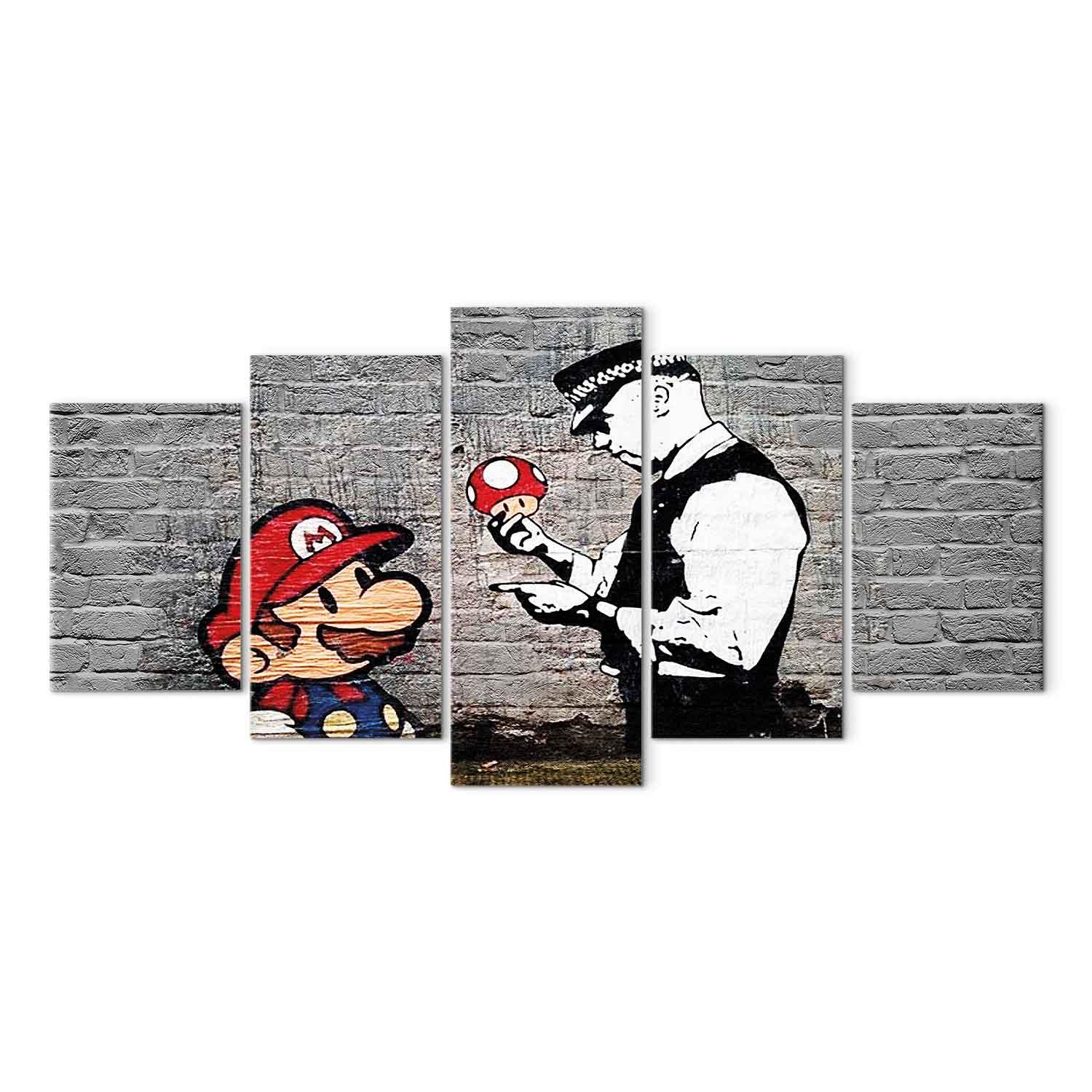 Banksy Super Mario Mushroom Cop lærredsbillede i 5 dele - 225 x 112.5 cm - Standard billede