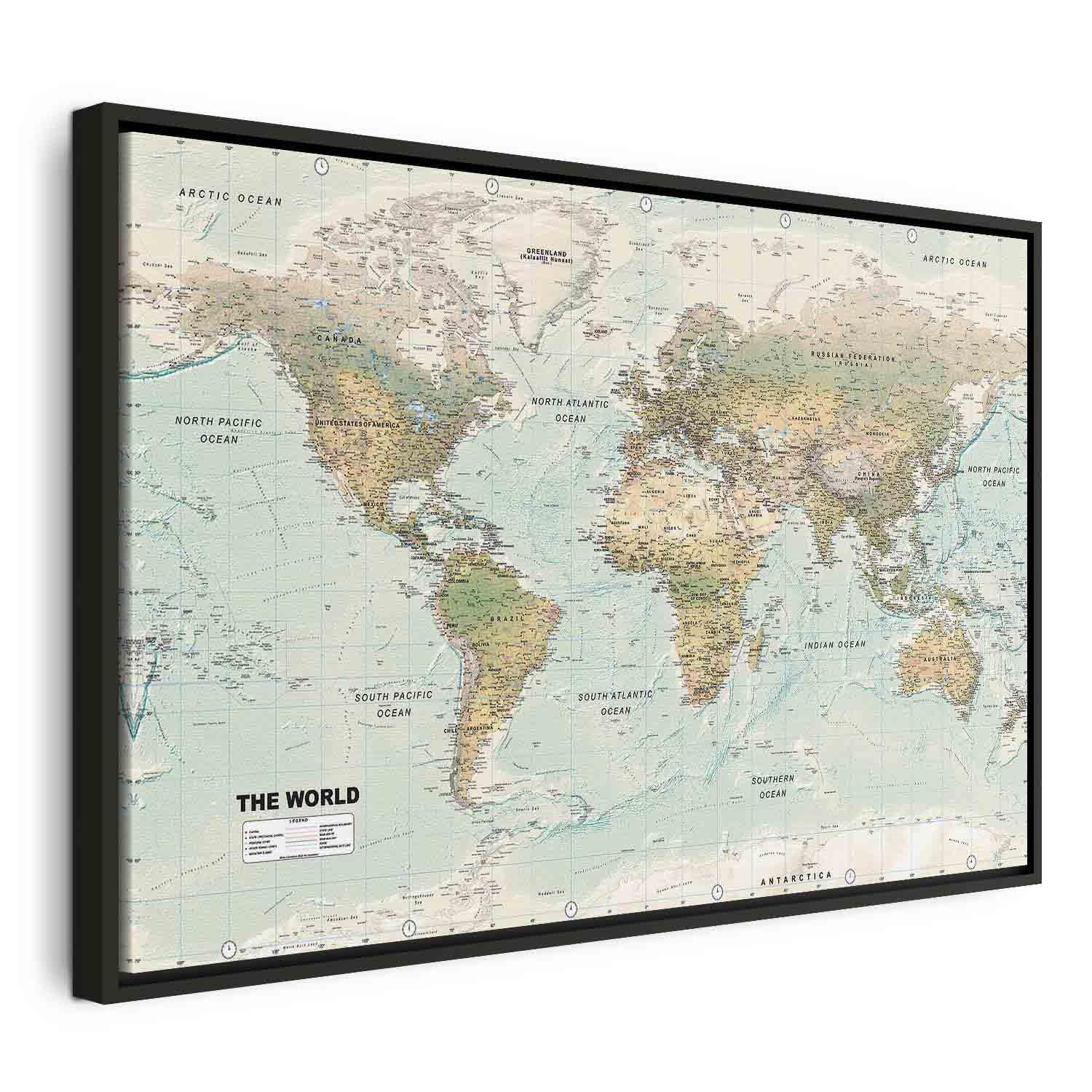 Lærredsbillede verdenskort - Beautiful World - 60 x 40 cm - I en sort træramme billede