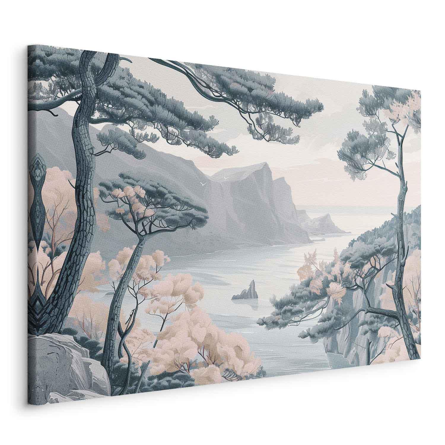 Landskabsbillede på lærred - Bjergkyst med træer og klipper i lyse pastelblå nuancer - 60 x 40 cm - På italiensk lærred