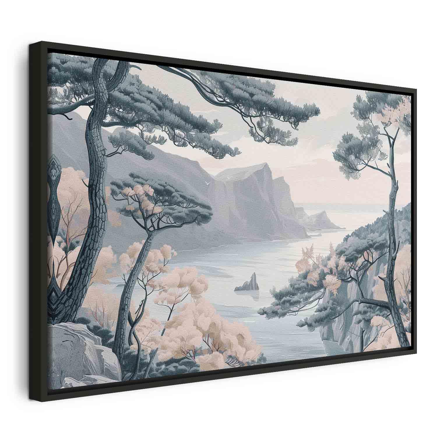 Landskabsbillede på lærred - Bjergkyst med træer og klipper i lyse pastelblå nuancer - 120 x 80 cm - I en sort træramme