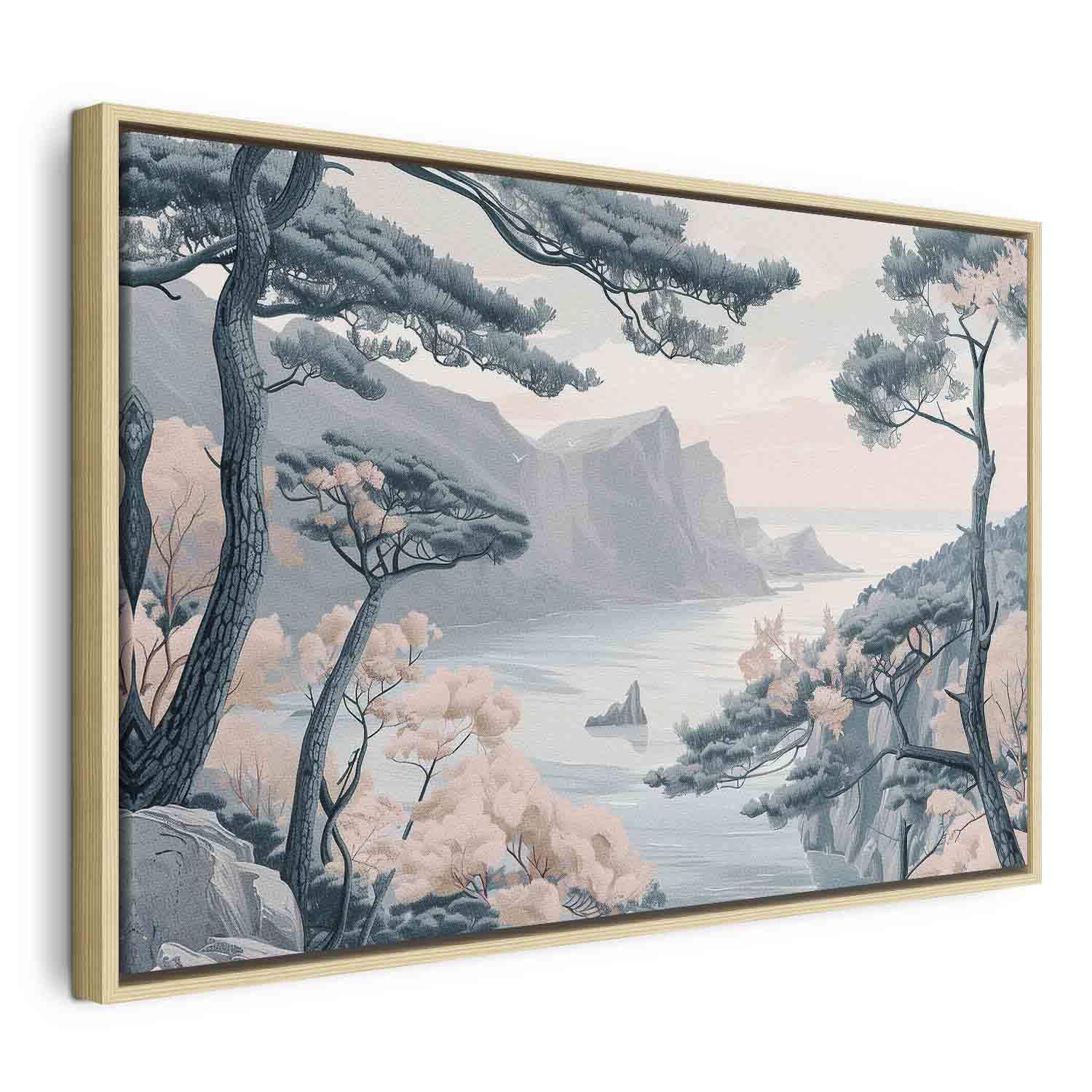 Landskabsbillede på lærred - Bjergkyst med træer og klipper i lyse pastelblå nuancer - 90 x 60 cm - I en naturlig træramme