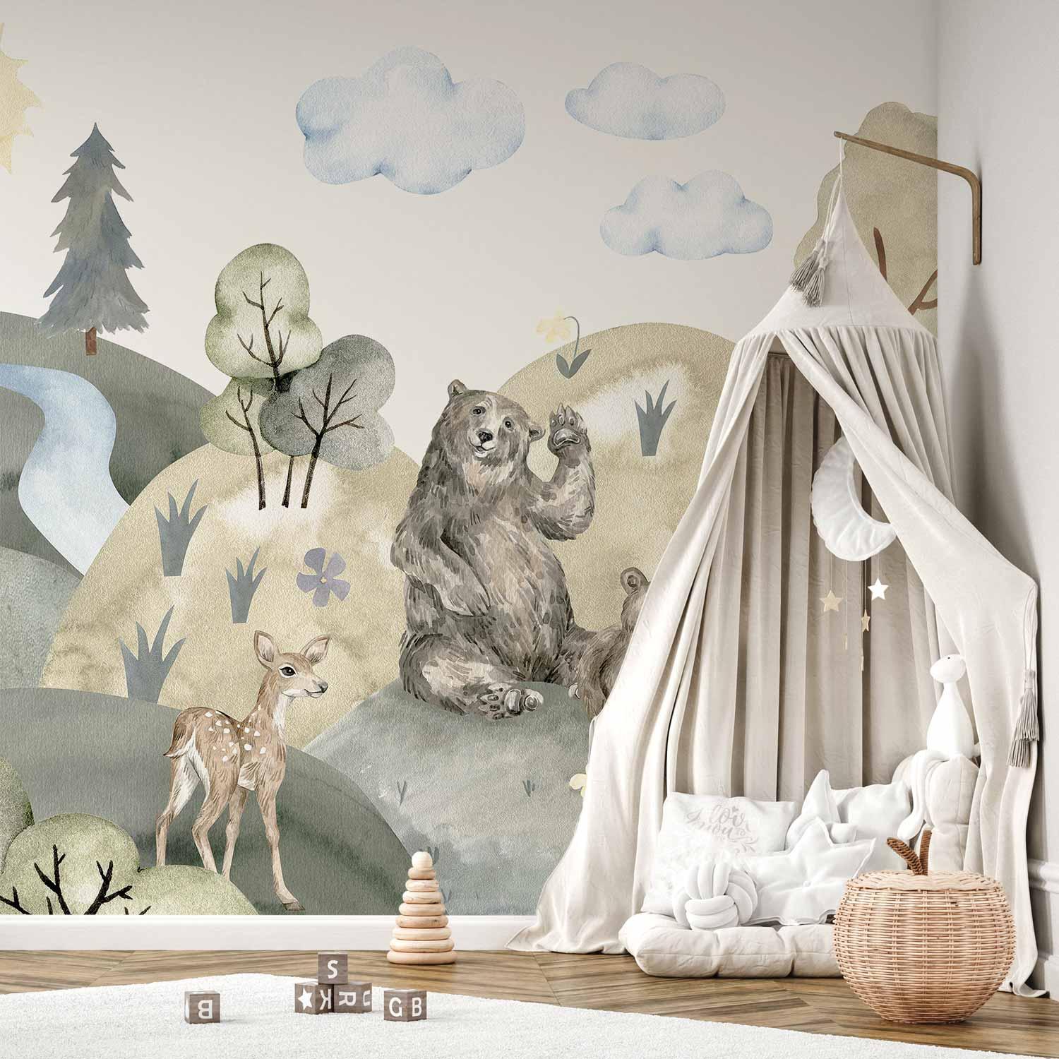 Fototapet Green Hills - dal med dyr i akvarel til børneværelse - 250 x 175 cm - Standard billede