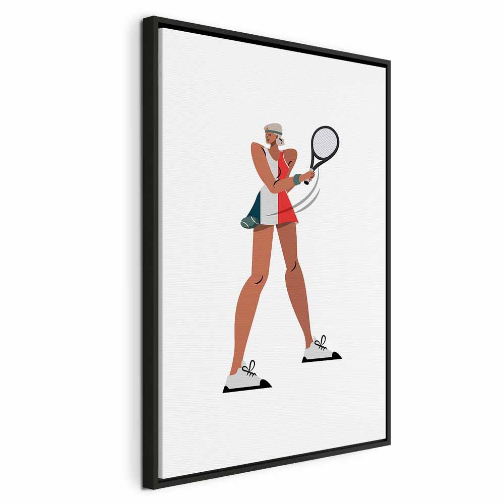 Lærredsbillede Tennispiller med ketsjer på lys baggrund - illustration - 60 x 90 cm - I en sort træramme