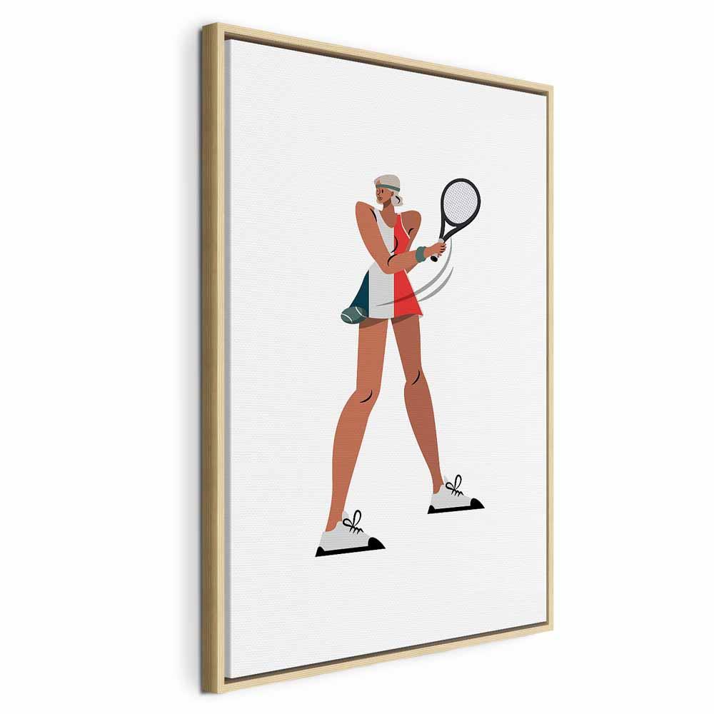 Lærredsbillede Tennispiller med ketsjer på lys baggrund - illustration - 60 x 90 cm - I en naturlig træramme