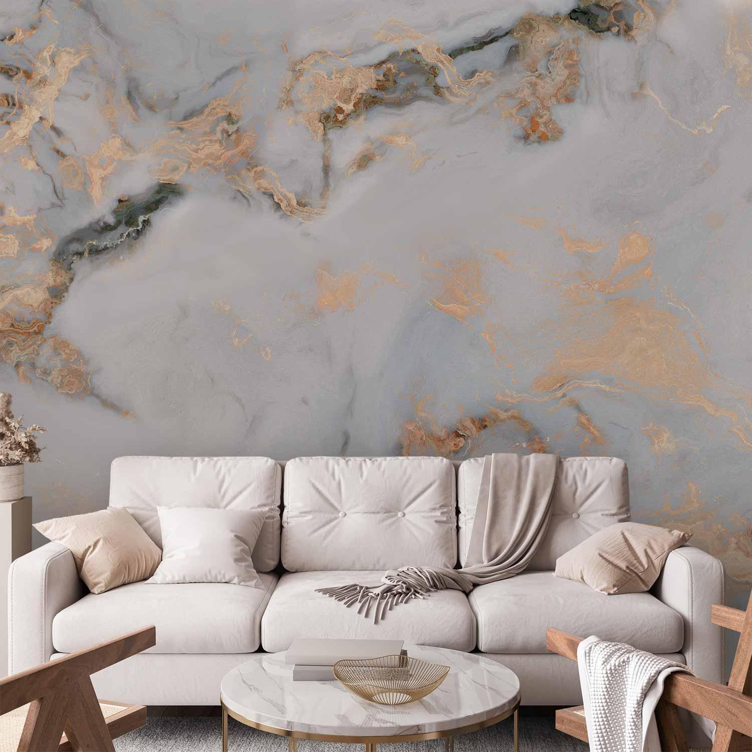 Fototapet White Stone med elegant marmormønster og gyldne detaljer - 100 x 70 cm - Premium
