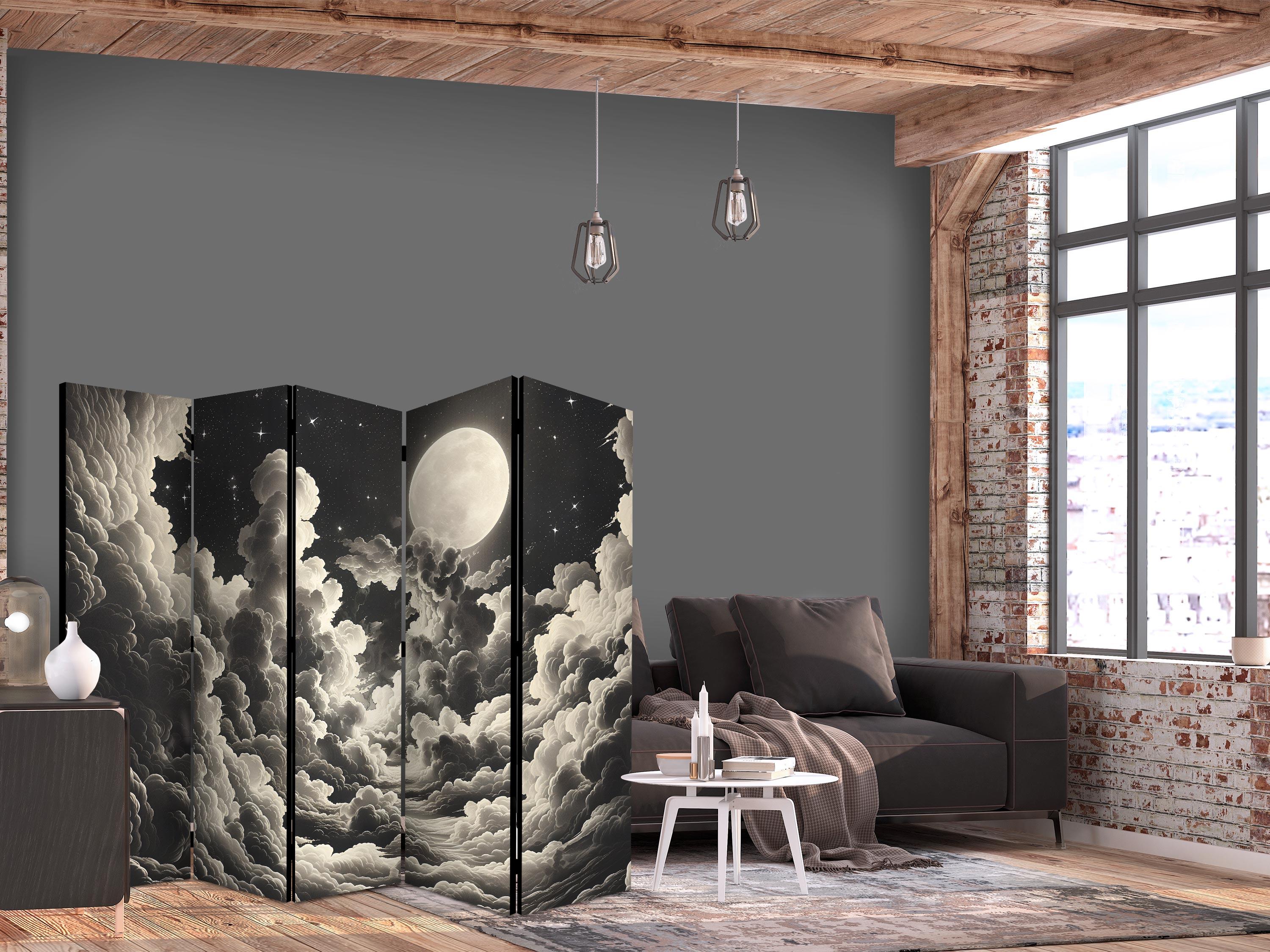 5-panels skærmvæg med måne, stjerner og skyer 225 x 172 cm - 225 x 172 cm - Akustik billede