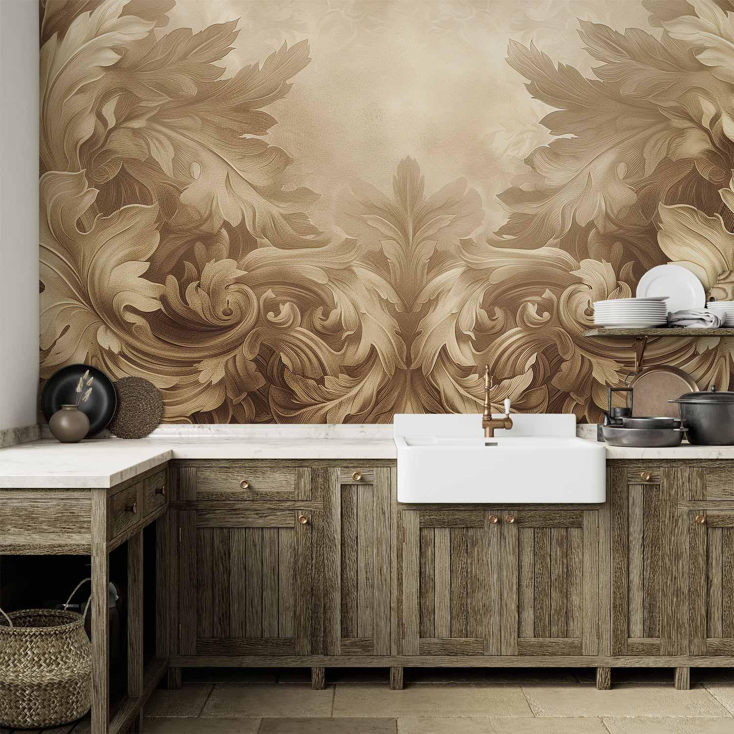 Fototapet med udskårne barokornamenter i sepia - vægdekoration med baggrundsdesign - 200 x 140 cm - Vandtæt