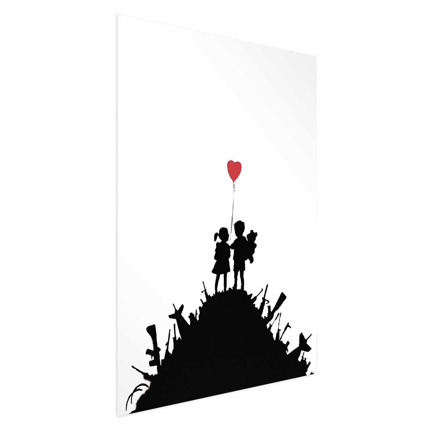 Plakat Slagmark - gadekunst plakat med motiv af børn, hjerteballon og vægmaleri-inspireret design - 21 x 30 cm - Uden ramme