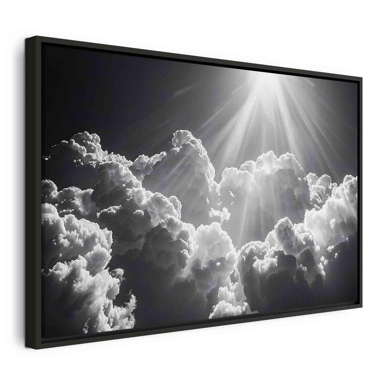 Lærredsbillede Hope in the Clouds med skyer og solstråler - 120 x 80 cm - I en sort træramme billede