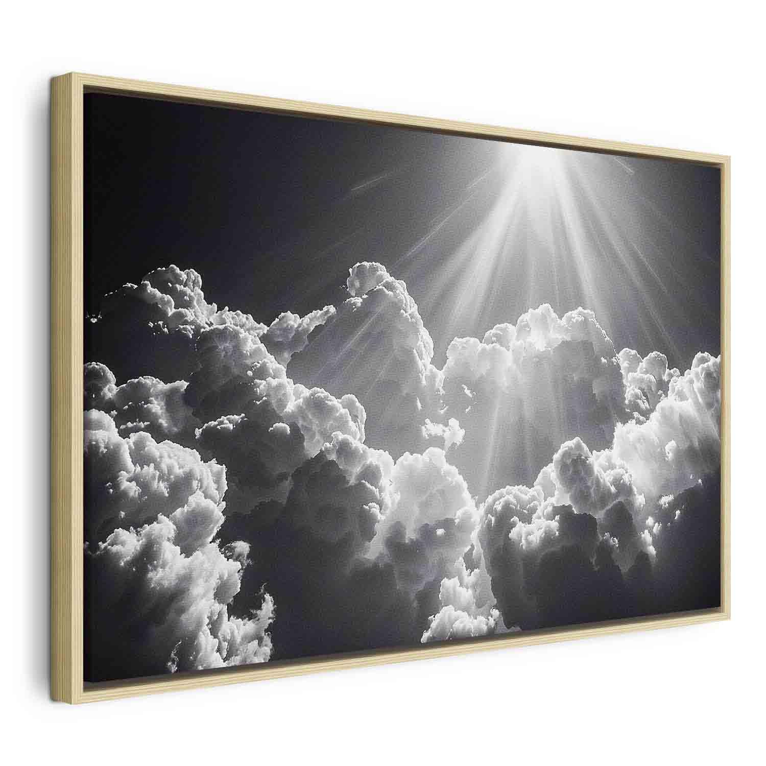 Lærredsbillede Hope in the Clouds med skyer og solstråler - 90 x 60 cm - I en naturlig træramme billede