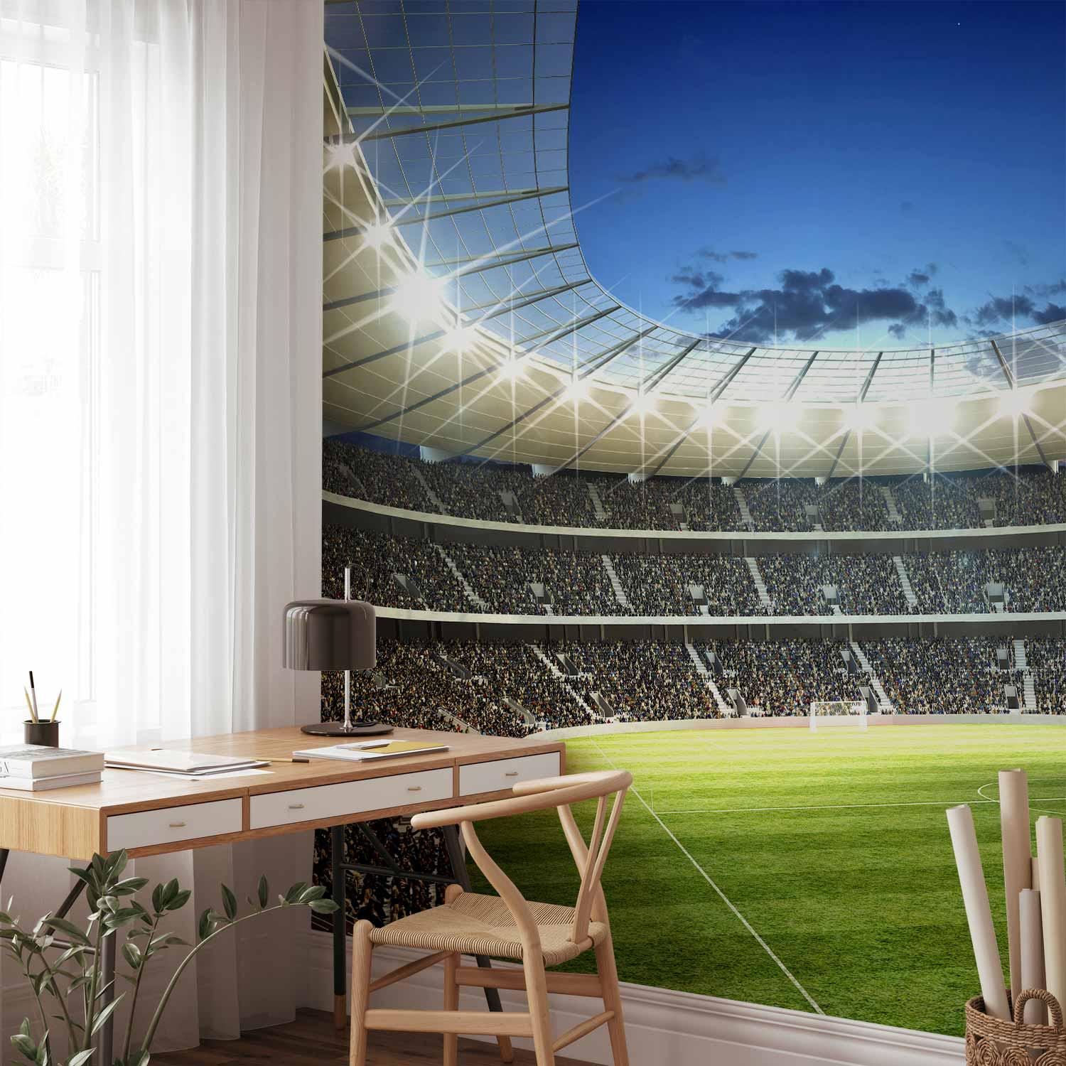 Fototapet fodboldbane i oplyst stadion med fyldte tribuner - 400 x 280 cm - Standard