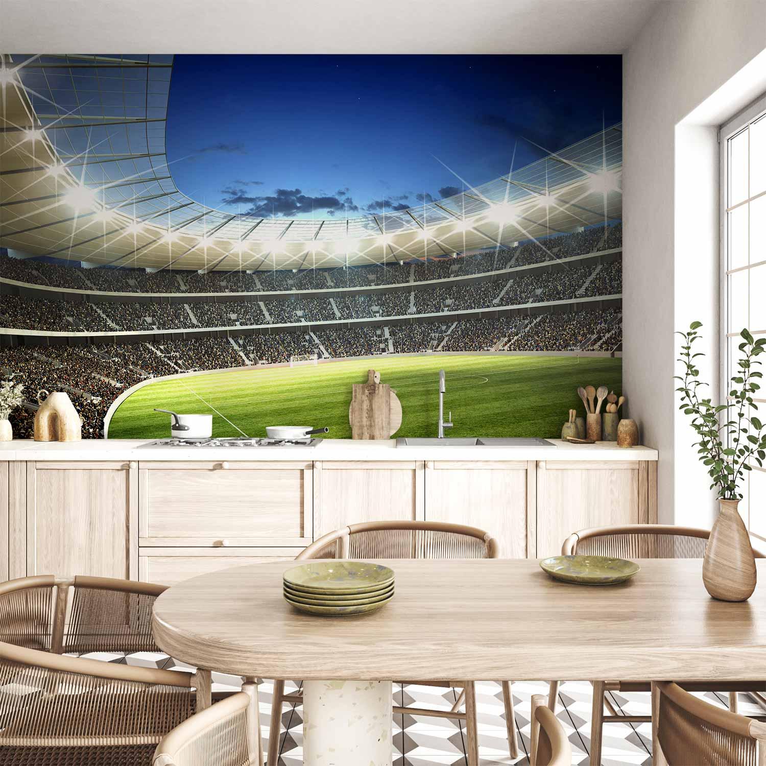 Fototapet fodboldbane i oplyst stadion med fyldte tribuner - 400 x 280 cm - Vandtæt
