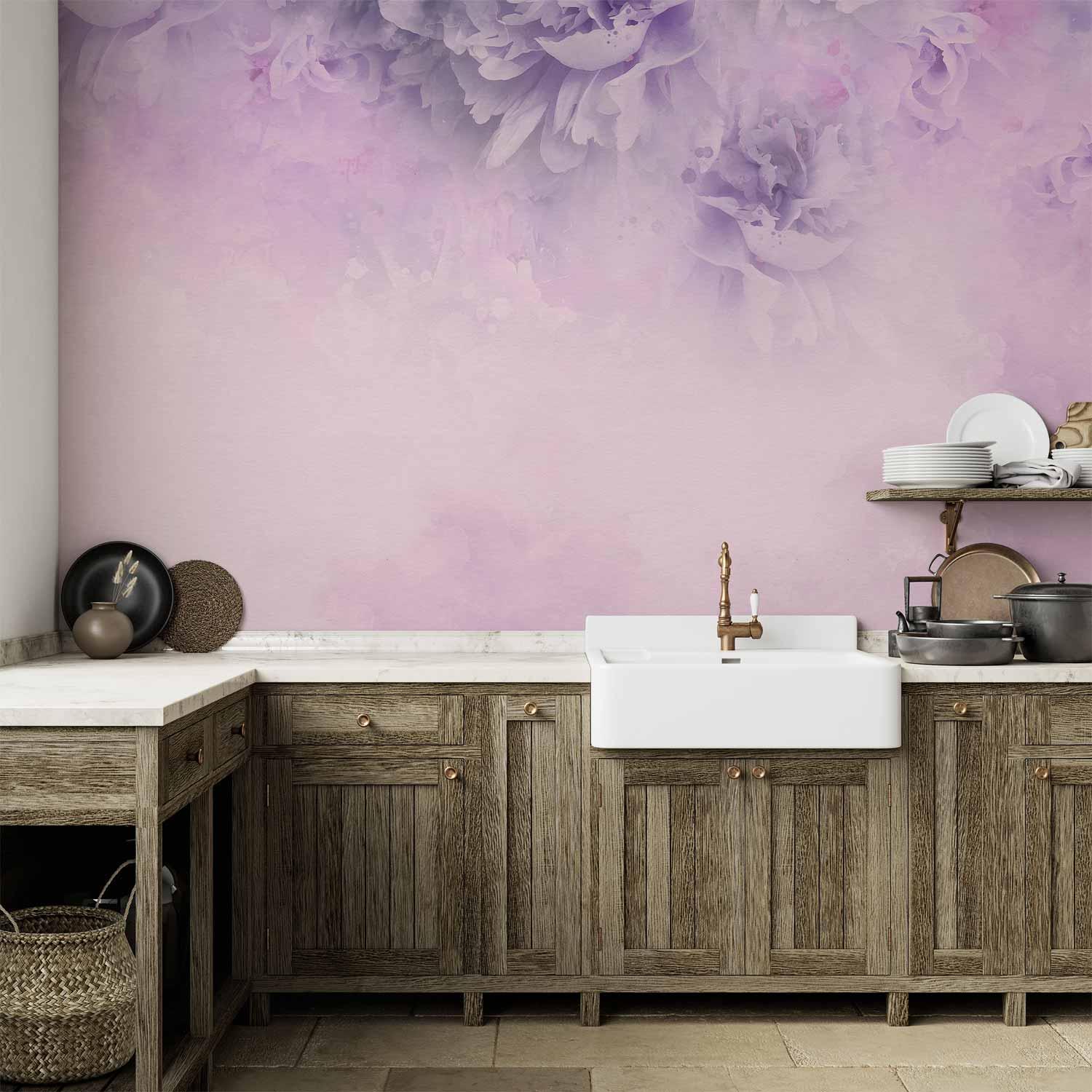 Fototapet Floral Etude of Life - tredje variant med blomstermotiv i lilla og rosa nuancer - 100 x 70 cm - Vandtæt