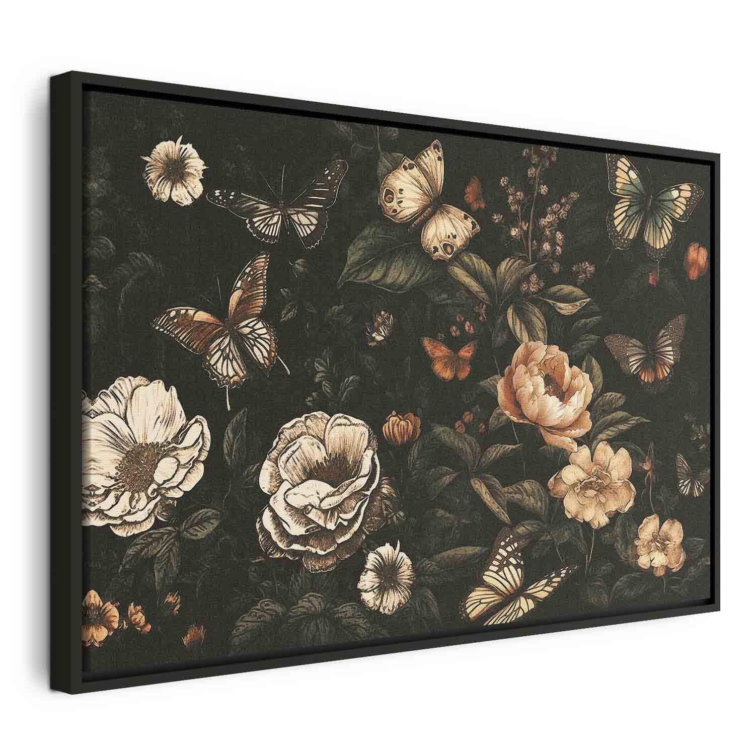 Billede på lærred Rustik have med blomster og sommerfugle - 120 x 80 cm - I en sort træramme