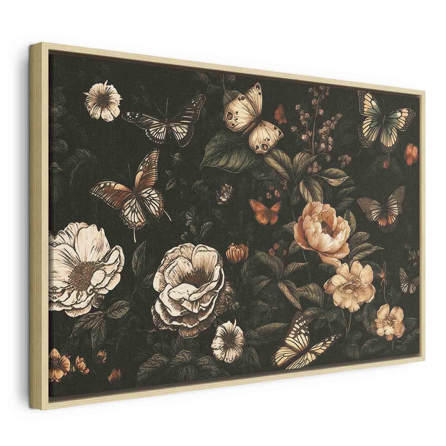 Billede på lærred Rustik have med blomster og sommerfugle - 60 x 40 cm - I en naturlig træramme