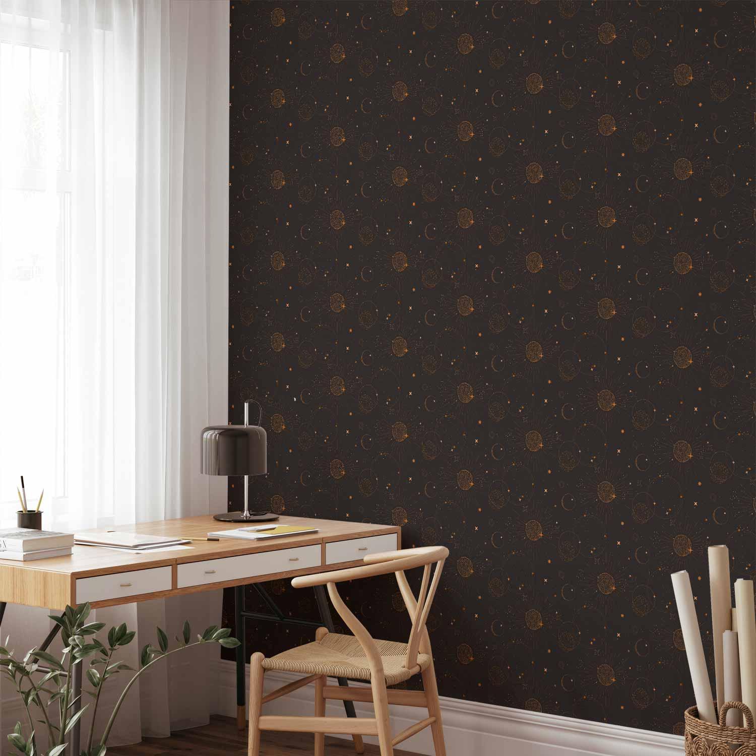 Tapet Night Sky - sort fototapet med sole og planeter - 50 x 1000 cm - Standard