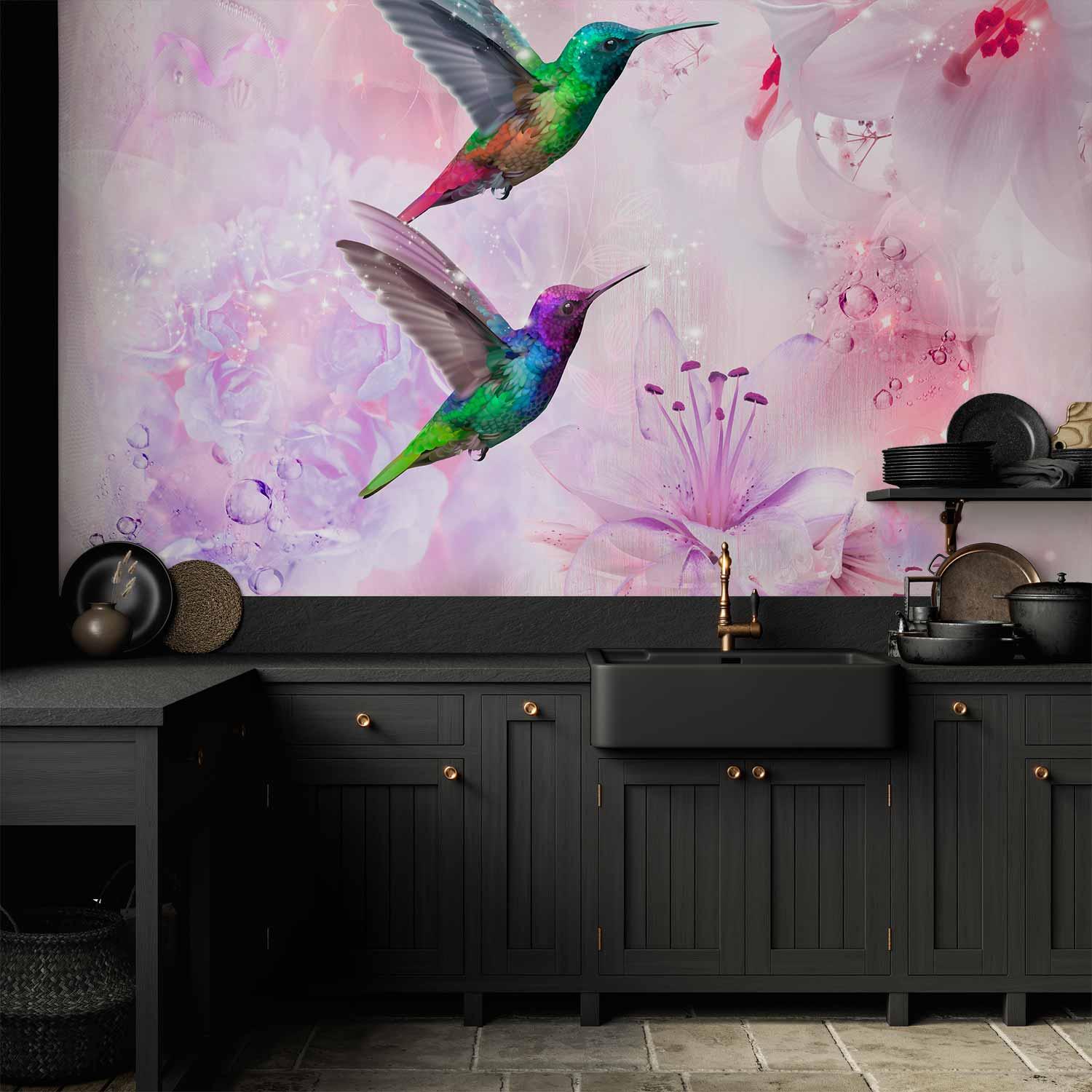 Fototapet med farverige kolibrier i lilla - 400 x 280 cm - Vandtæt