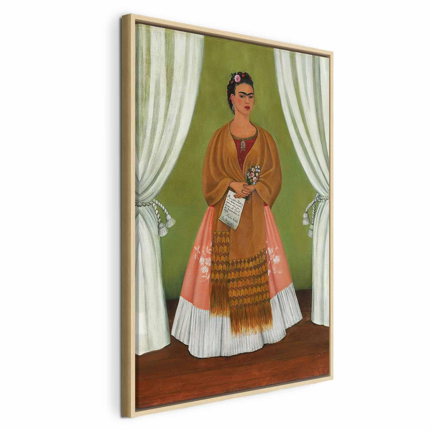 Frida Kahlo billede på lærred - Selvportræt dedikeret til Leon Trotskij - 40 x 60 cm - I en naturlig træramme billede