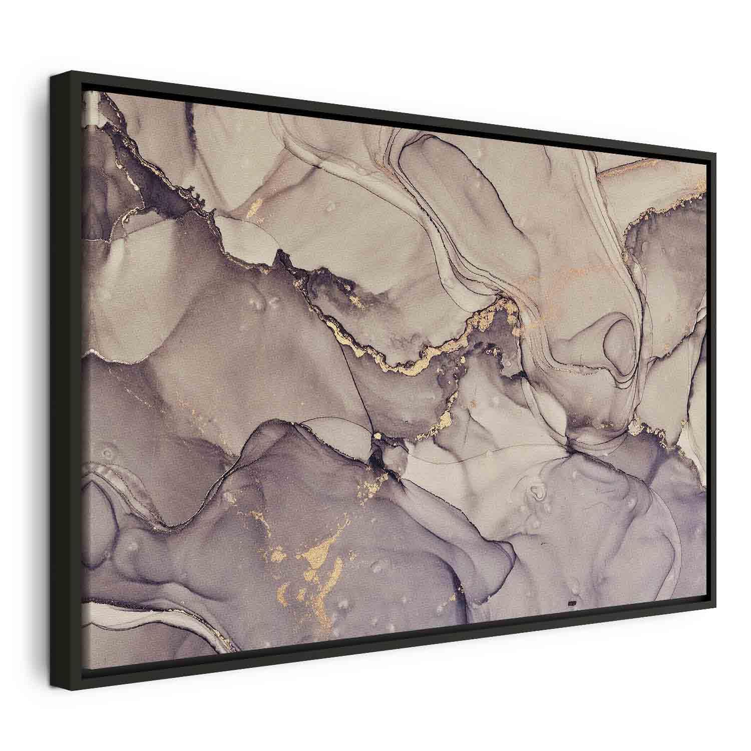 Billede på lærred - Akvarel abstraktion i pudderrosa marmor med gyldne accenter - 90 x 60 cm - I en sort træramme