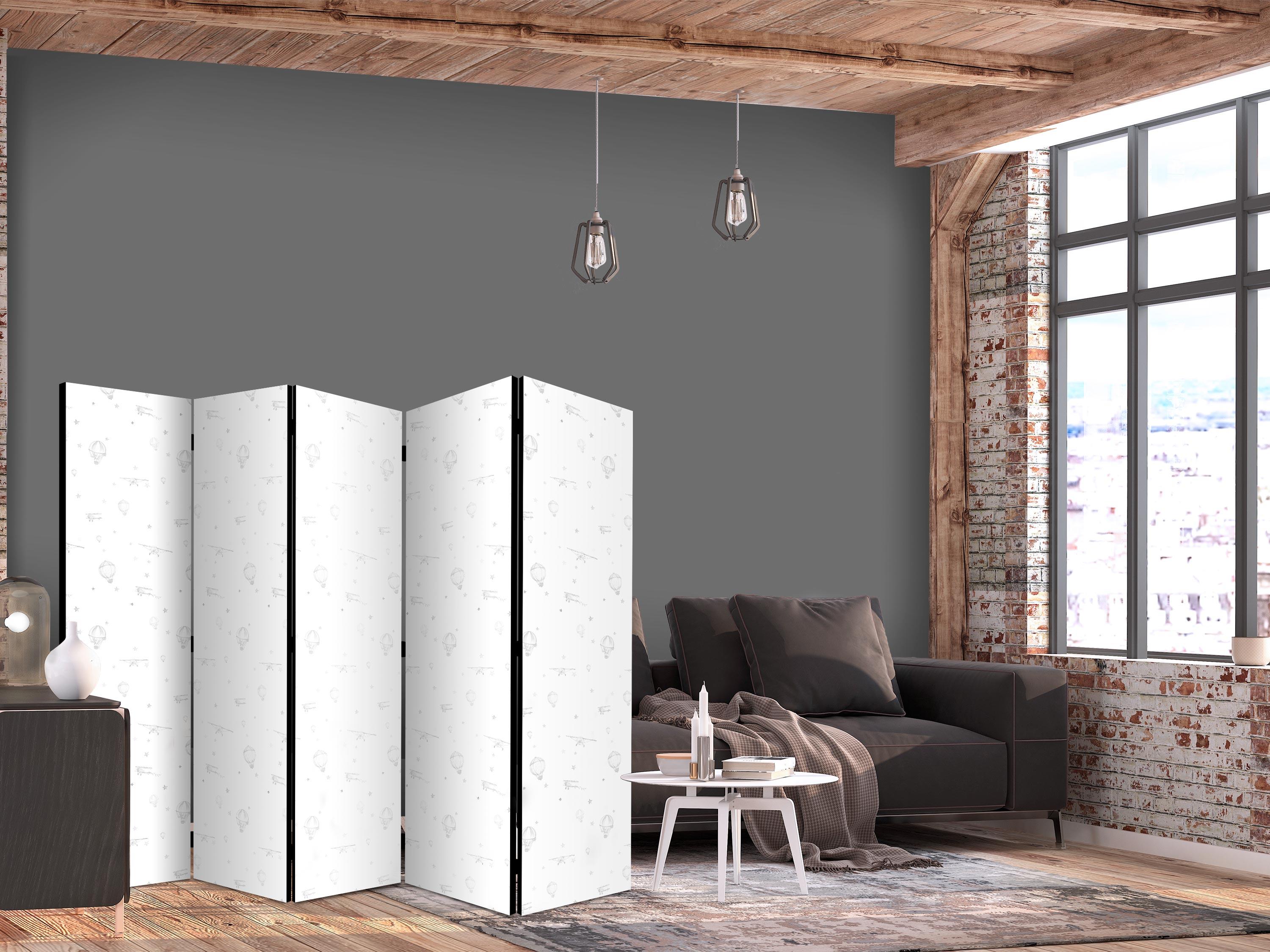 5-panels skærmvæg til børn - akvarel med flyvemaskiner og luftballoner - 225 x 172 cm - Akustik billede