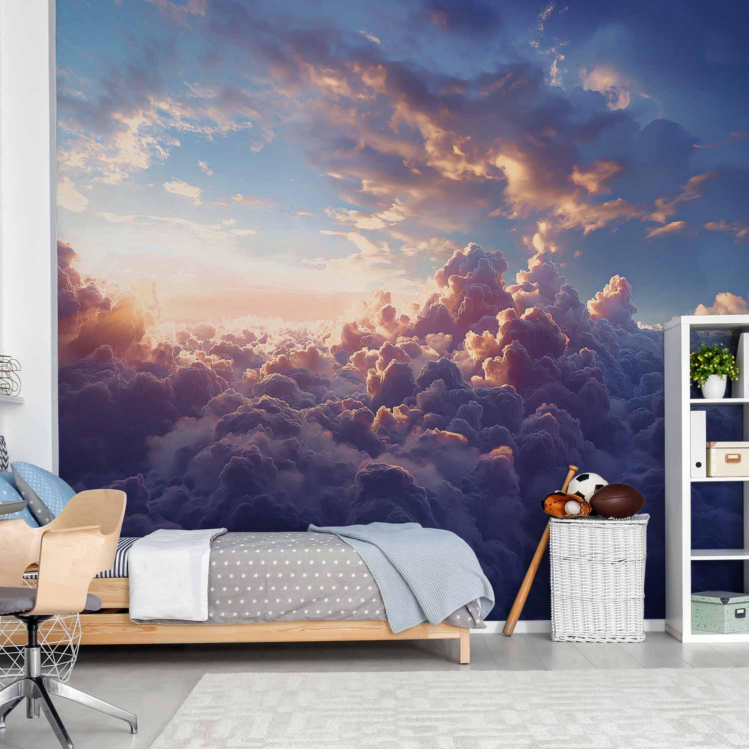 Fototapet - Solen bag skyerne over et skyhav, vægdekoration med himmelmotiv - 400 x 280 cm - Vandtæt