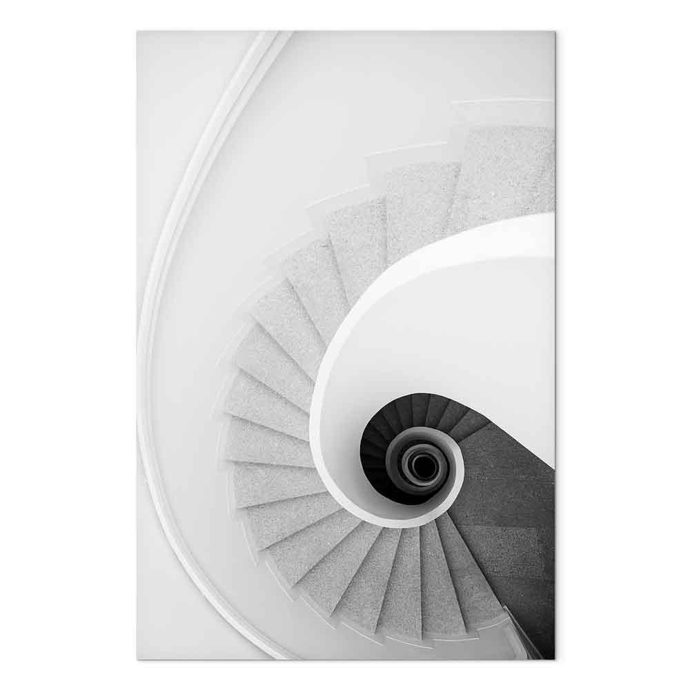 Lærredsbillede White Stairs - vertikalt vægbillede med spiraltrappe motiv, 1 del - 40 x 60 cm - Akustisk