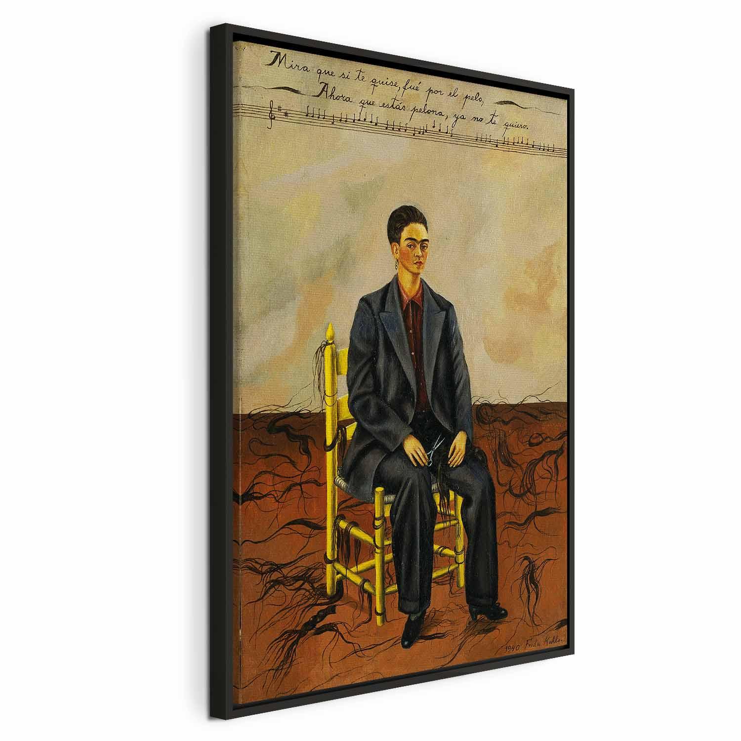 Frida Kahlo Selvportræt med afklippet hår - billede på lærred - 40 x 60 cm - I en sort træramme billede