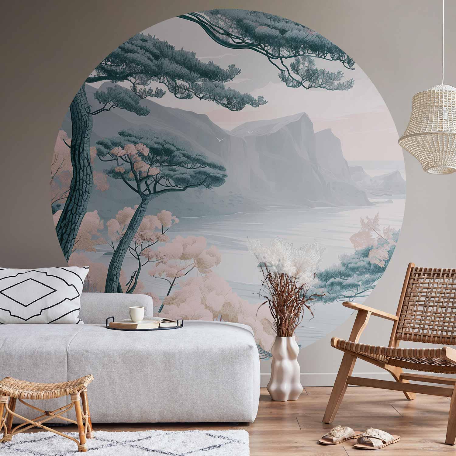 Rundt fototapet - Blå kyst i delikate farver, selvklæbende vægdekoration med landskabsmotiv - 140 x 140 cm