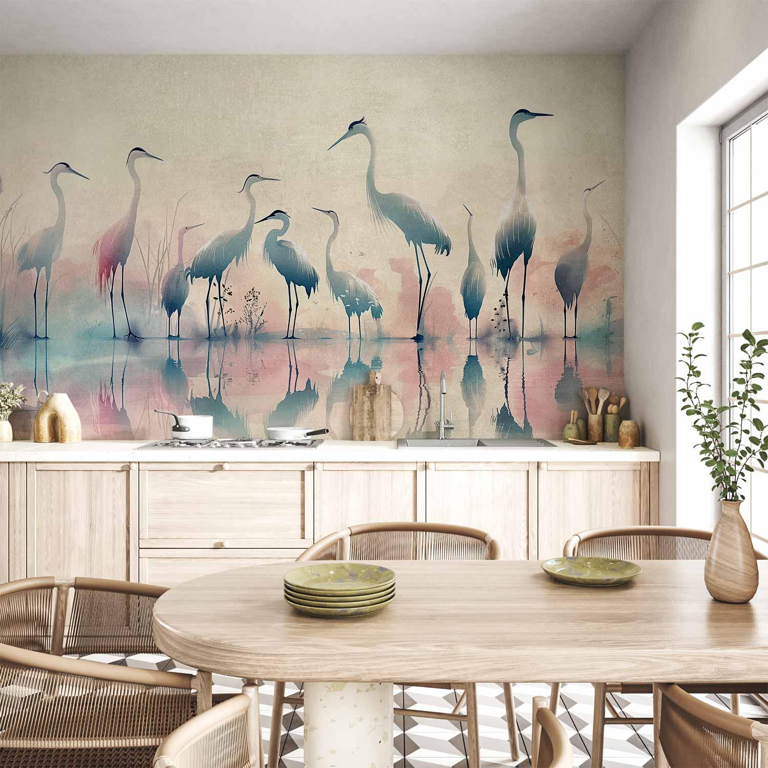 Fototapet Birds by the Lake med hejrer i akvarel i sarte grå og rosa nuancer - 100 x 70 cm - Vandtæt
