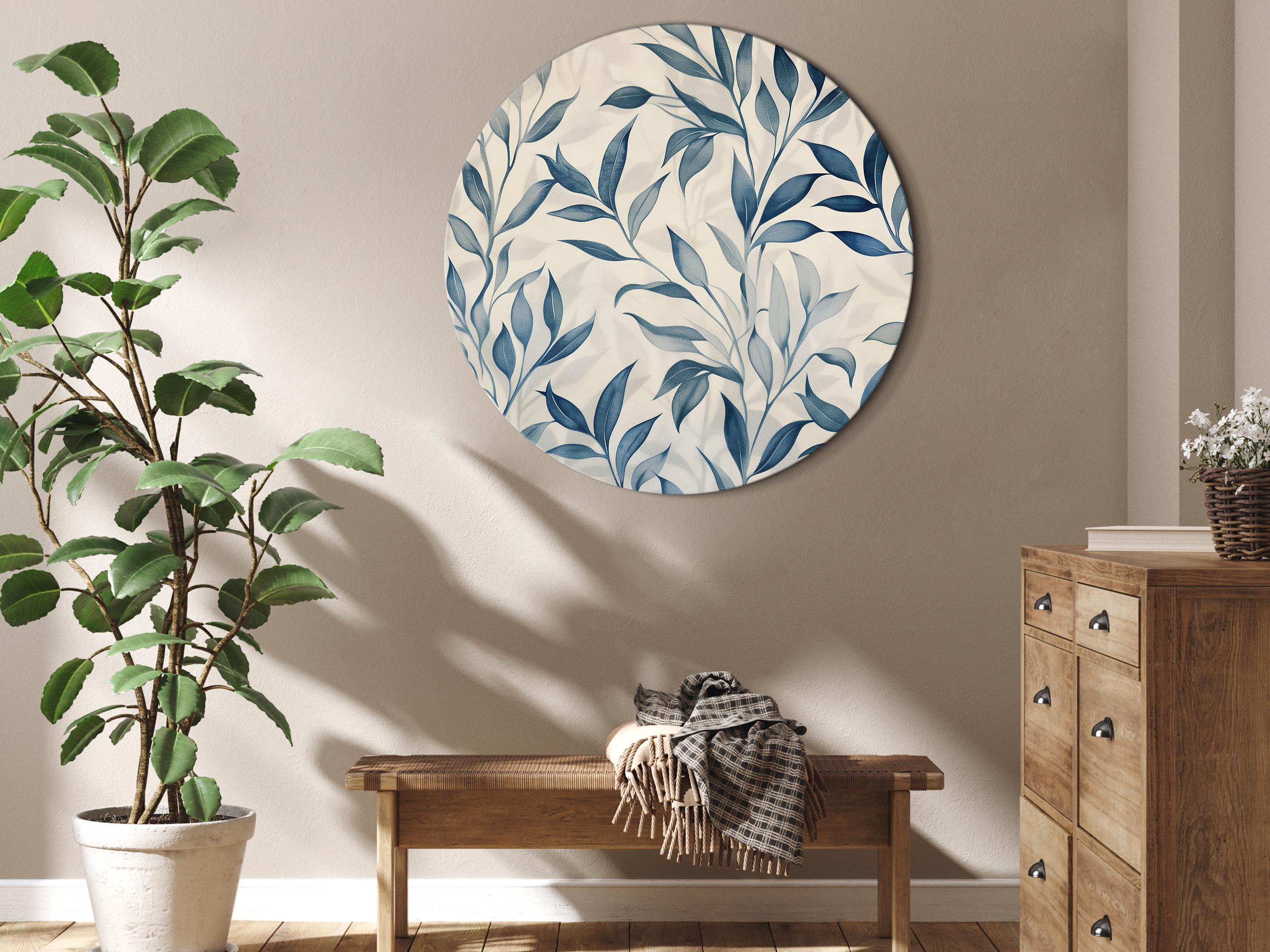 Rundt lærredsprint med blå blade - delikat botanisk motiv - 80 x 80 cm billede