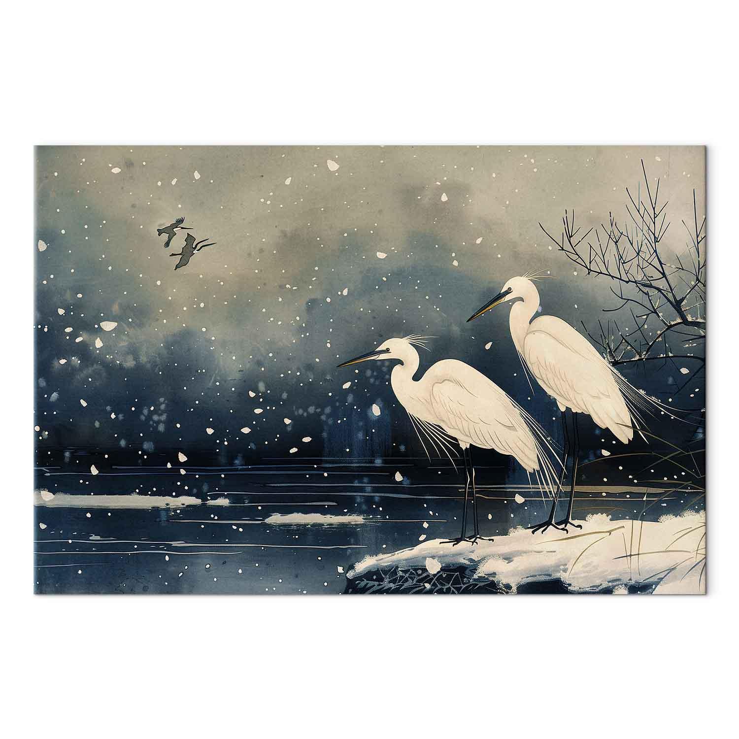 Lærredsbillede med hejrer over en vinterdam - japanskinspireret illustration i mørke farver - 60 x 40 cm - Akustisk