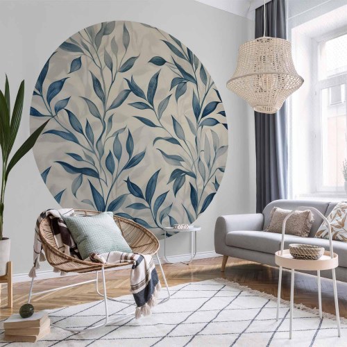 Rundt fototapet med botanisk motiv og blå blade