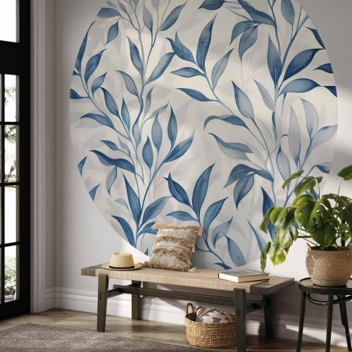 Rundt fototapet med botanisk motiv og blå blade