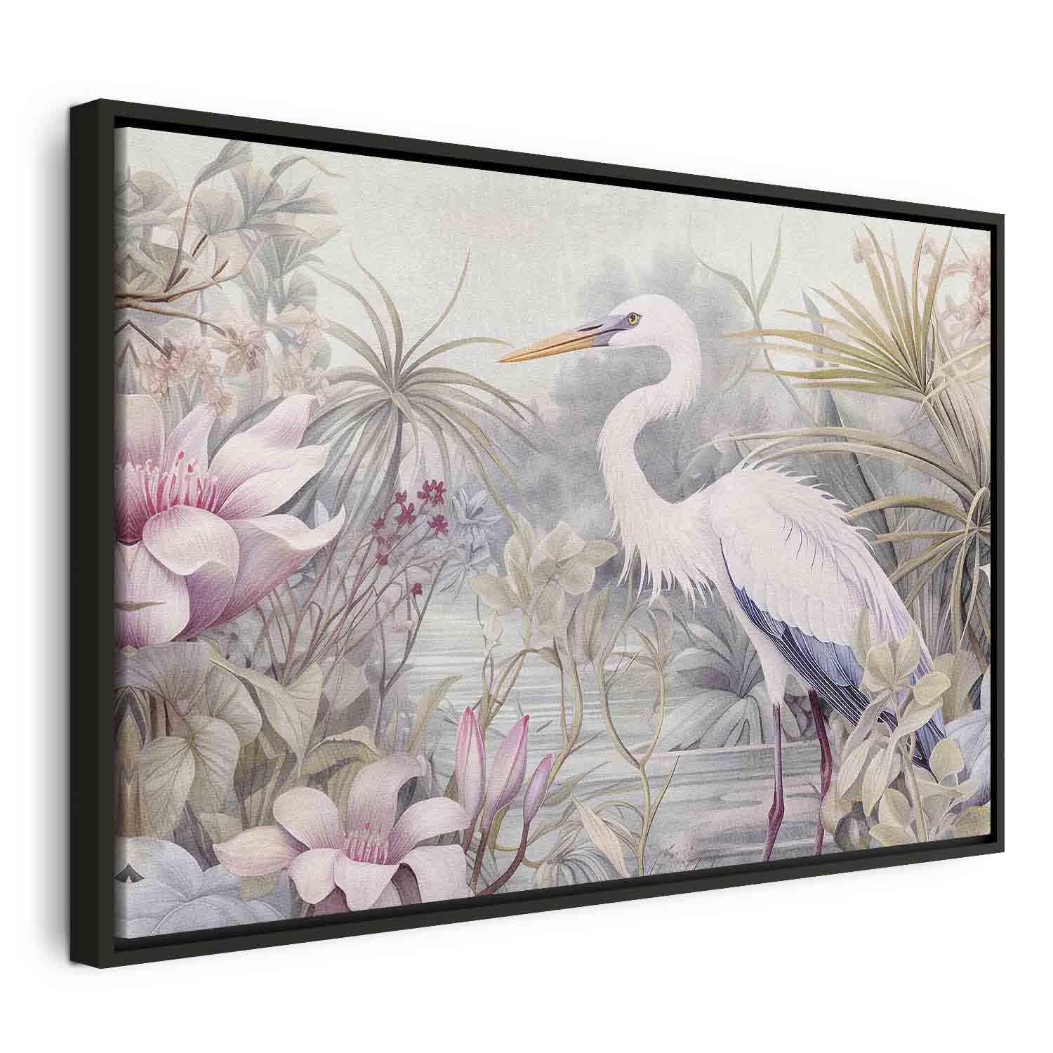 Billede på lærred med hejre i dam - illustration i lyse farver til vægdekoration - 120 x 80 cm - I en sort træramme
