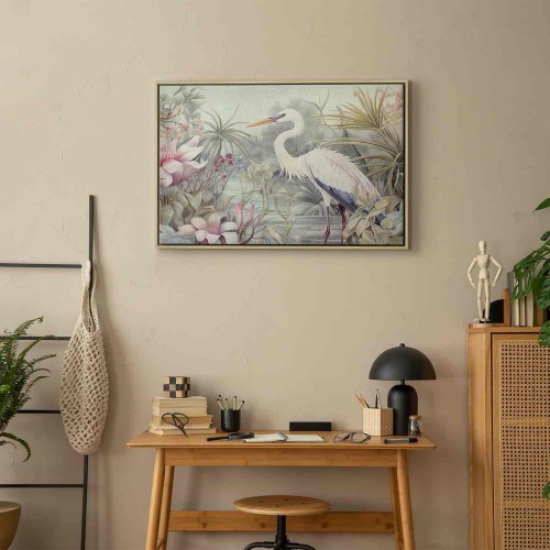 Billede på lærred med hejre i dam - illustration i lyse farver