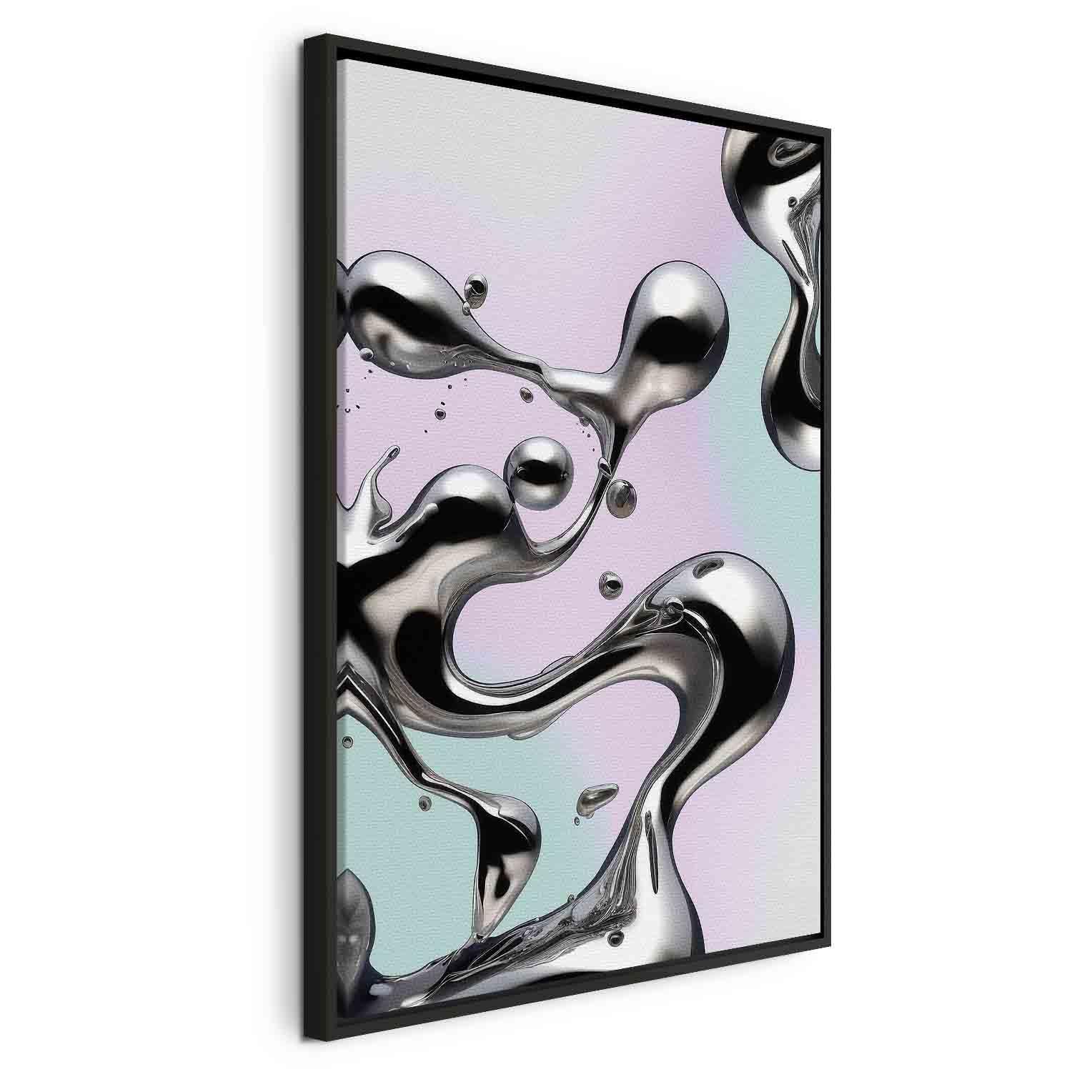 Billede på lærred - Metallic Fluidity - Abstrakte sølvformer på mint- og lilla baggrund - 80 x 120 cm - I en sort træramme