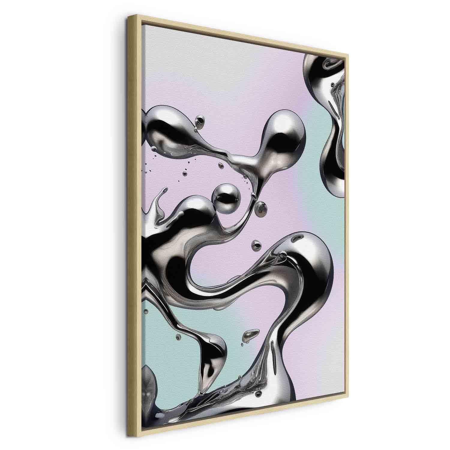 Billede på lærred - Metallic Fluidity - Abstrakte sølvformer på mint- og lilla baggrund - 80 x 120 cm - I en naturlig træramme