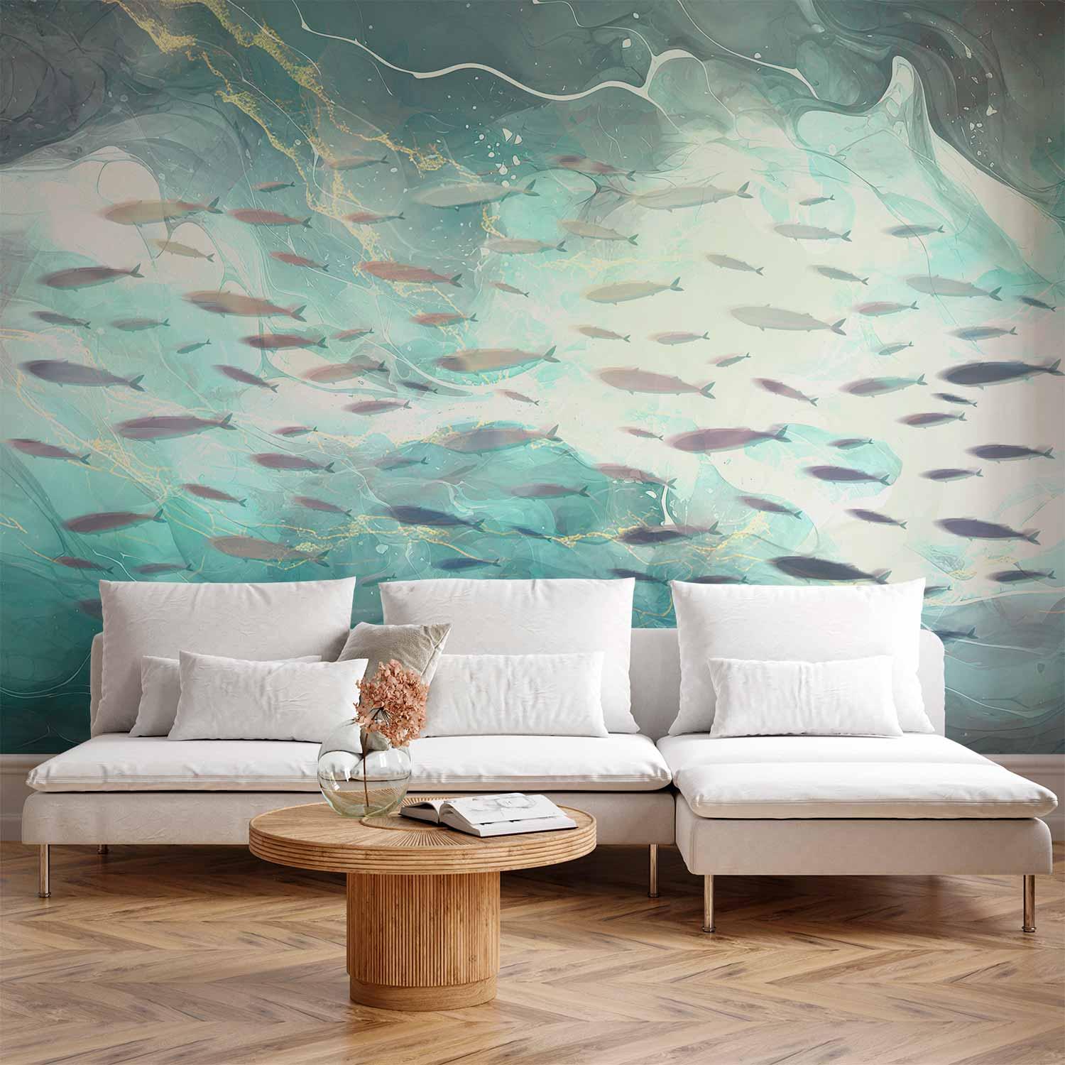 Fototapet med stime af små fisk - fotovæg til væg i blågrønne nuancer - 350 x 256 cm - Standard