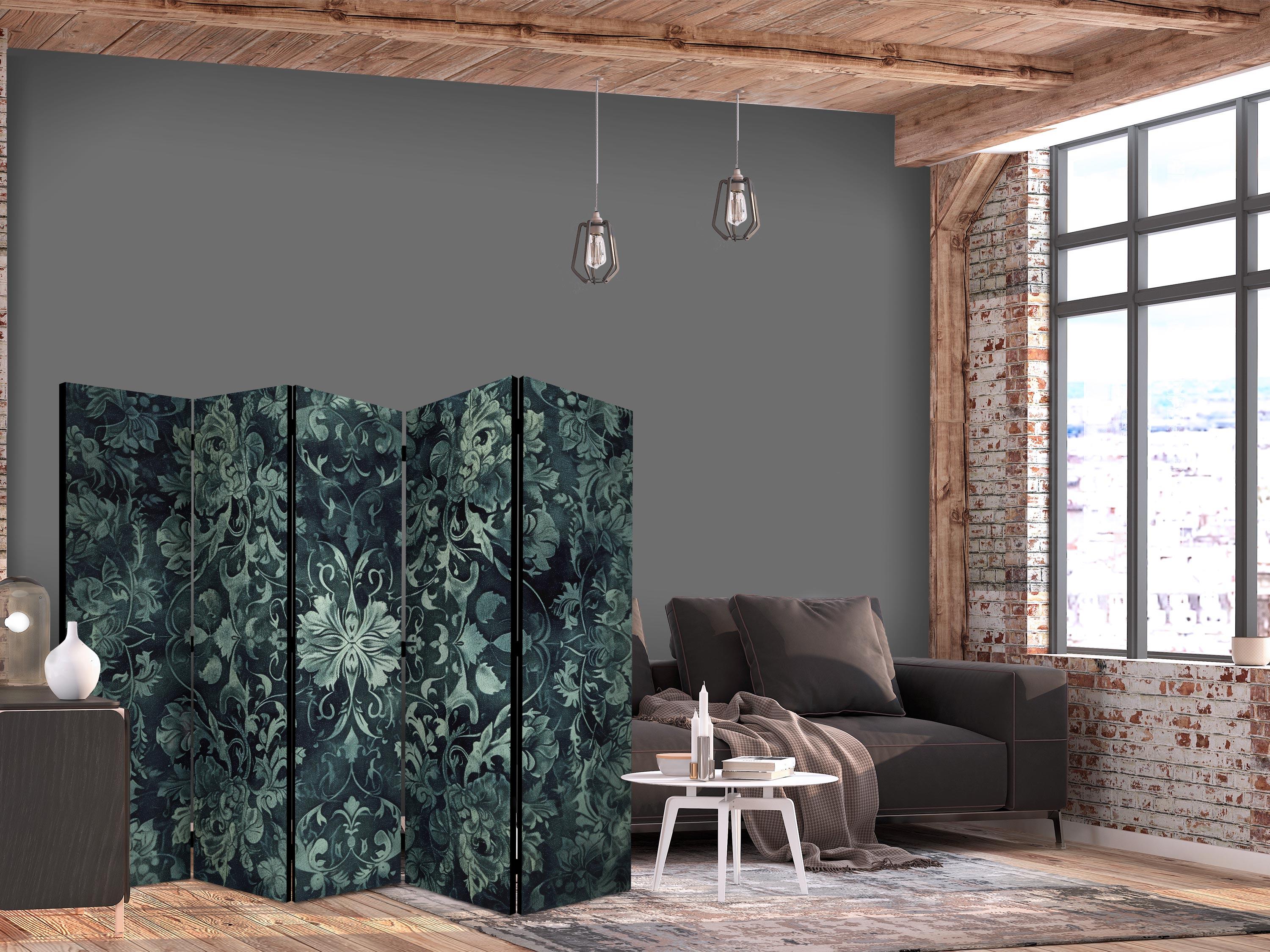 5-panels skærmvæg med orientalsk mønster - smaragdgrønne blomsterornamenter - 225 x 172 cm - Akustik billede