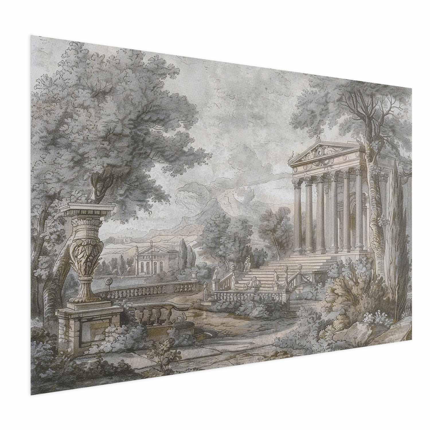 Plakat med tempel på bakken og græsk arkitektur i dæmpede toner - 90 x 60 cm - Uden ramme
