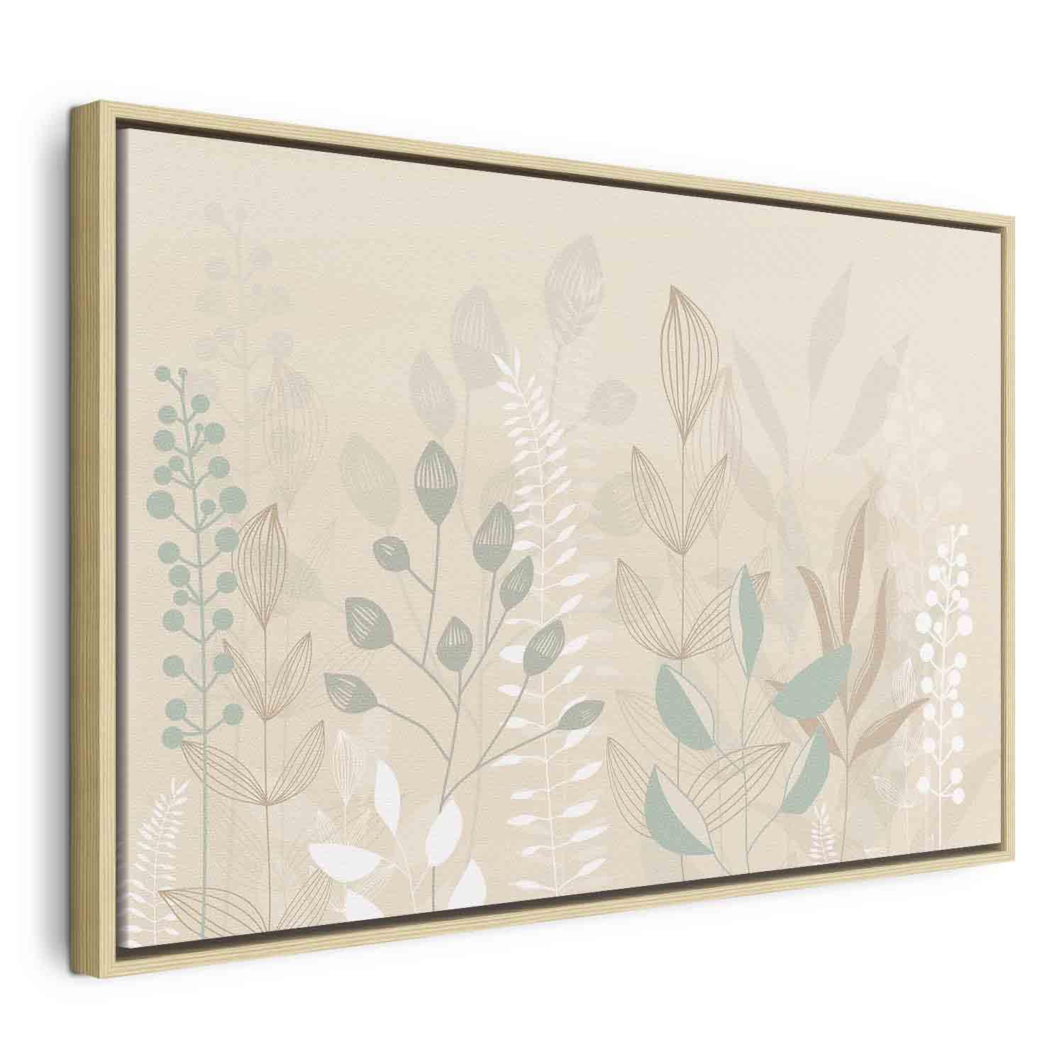 Lærredsbillede Morning in the Meadow med pastelplanter på beige baggrund - 120 x 80 cm - I en naturlig træramme billede