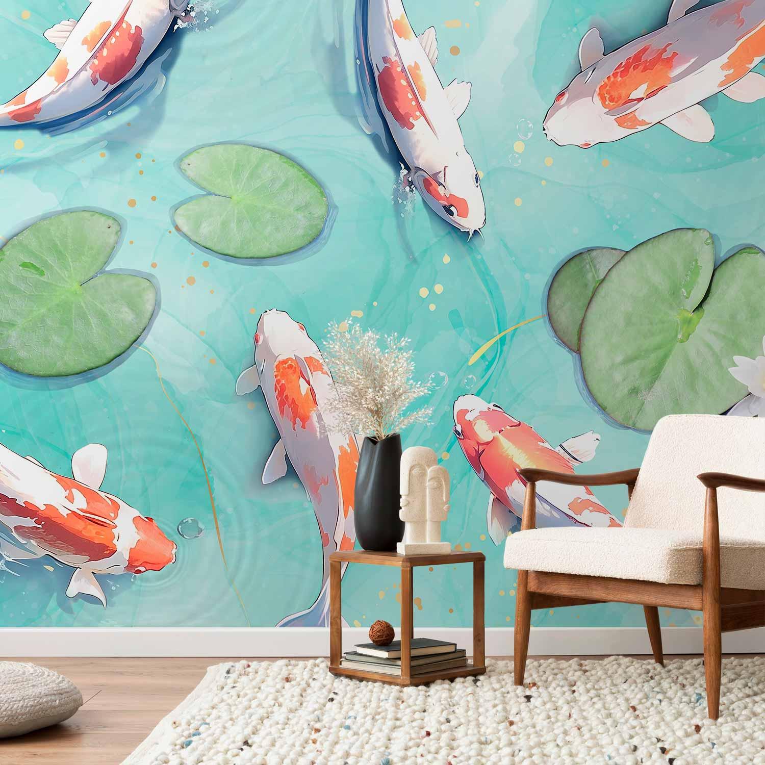 Fototapet - Dam i Japan med koi-karper og åkandeblade - 500 x 350 cm - Standard