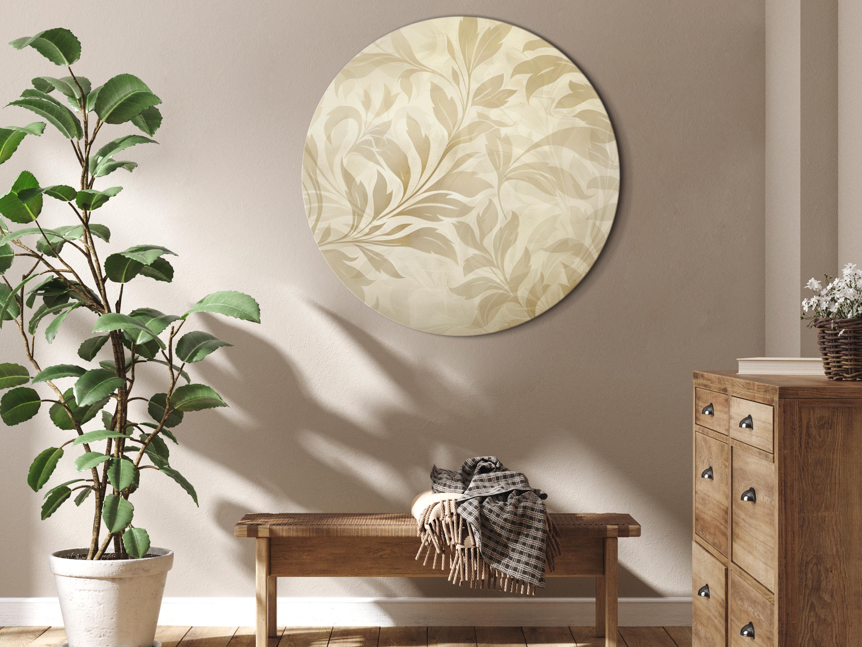 Rundt lærredsprint med botanisk motiv, blade og slyngplanter i sandfarver - 80 x 80 cm