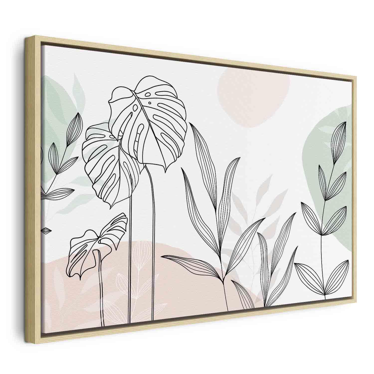 Lærredsbillede Pastel line art med blade - 90 x 60 cm - I en naturlig træramme billede