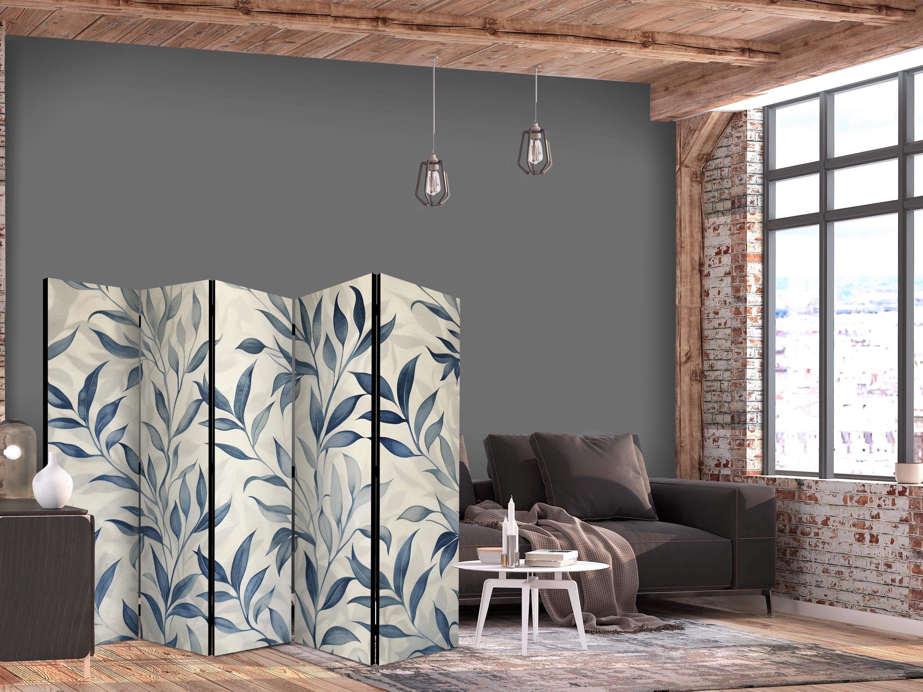 5-panels skærmvæg med blå blade - delikat botanisk motiv - 225 x 172 cm - Akustik billede