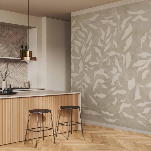 Fototapet med hvide blade på beige baggrund med ramme