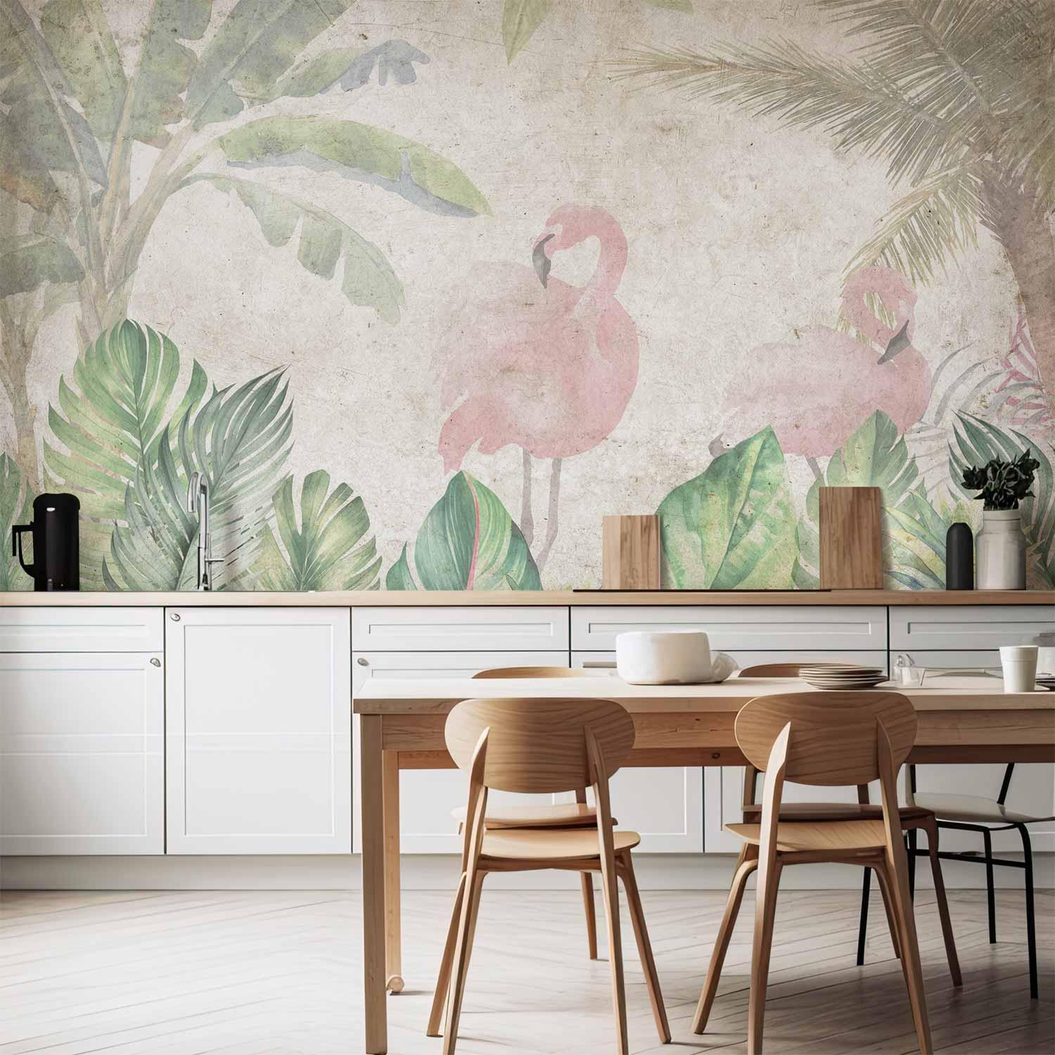 Fototapet - Fugle i junglen med blade og flamingoer - 100 x 70 cm - Vandtæt