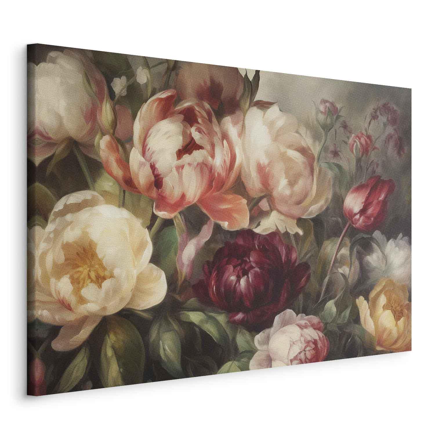 Lærredsbillede med blomster - Karismatiske pæoner vægbillede til stue og soveværelse - 120 x 80 cm - Standard